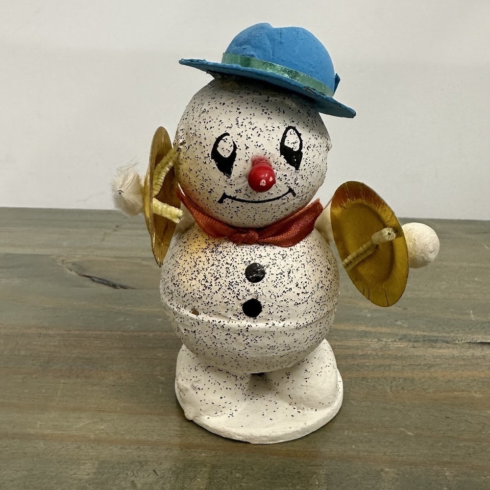 VTG Putz Mica Spun Cotton Blue Hat Snowman Musician Christmas Japan Paper Mache